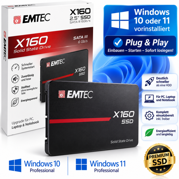 SSD Festplatte EMTEC X160 windows 10 / 11 Pro vorinstalliert